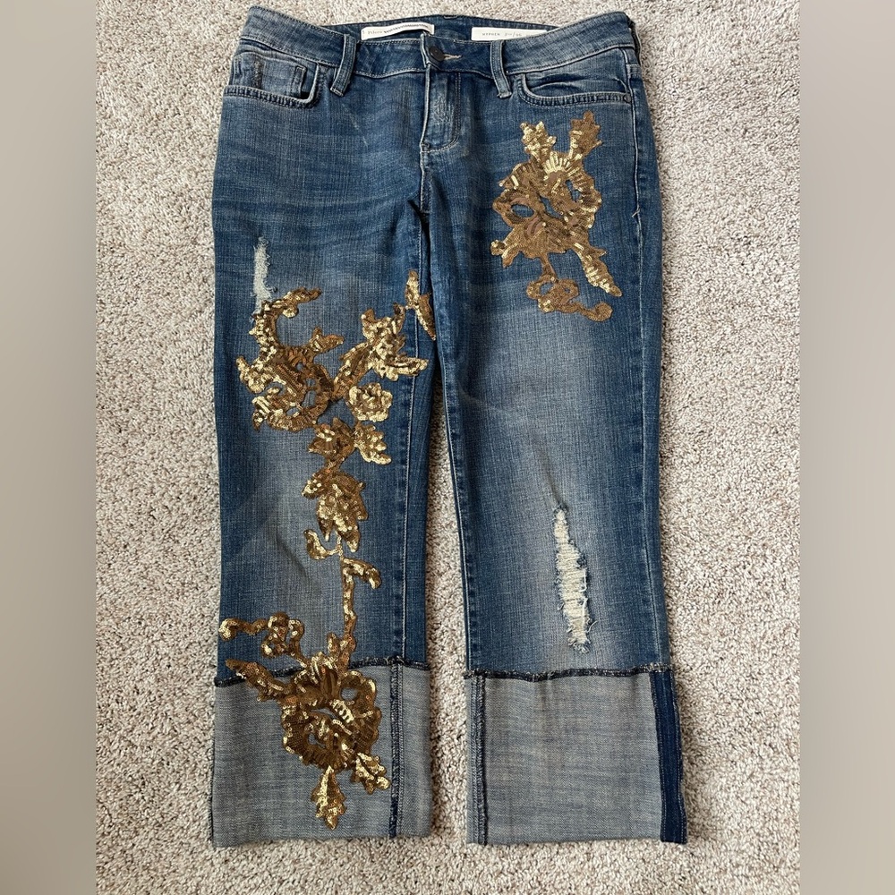 Pilcro and the Letterpress Anthropologie cropped Jeans w/ Gold Sequin Embroidery
